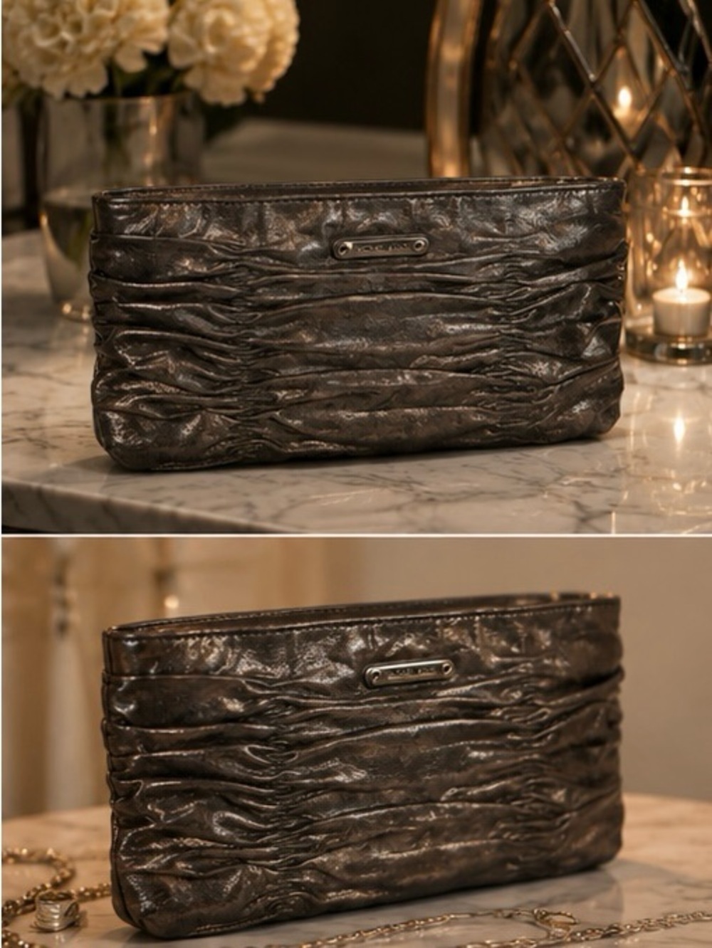 Michael Kors Metallic Ruched Clutch Silver Leather Evening Wristlet Purse